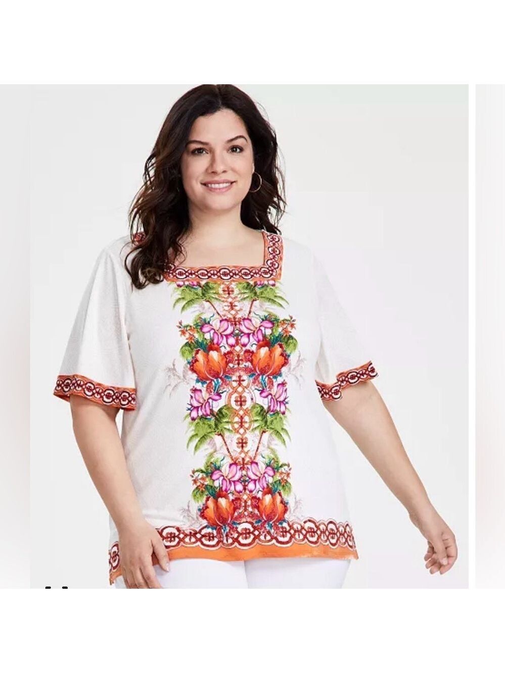 JM Collection White Floral Embroidered Square-Neck Blouse